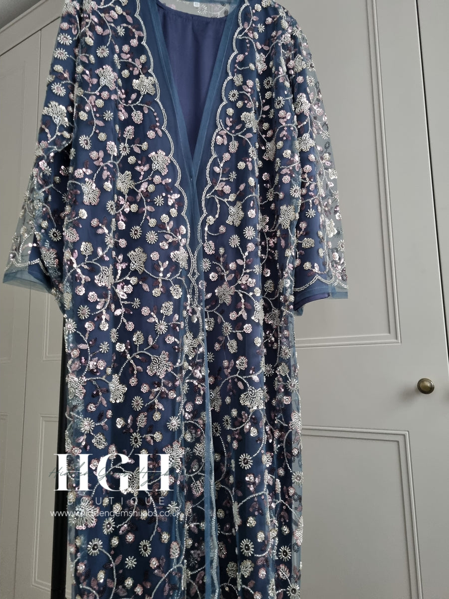 Aya Embellished Abaya | Sapphire – Hidden Gems Hijabs