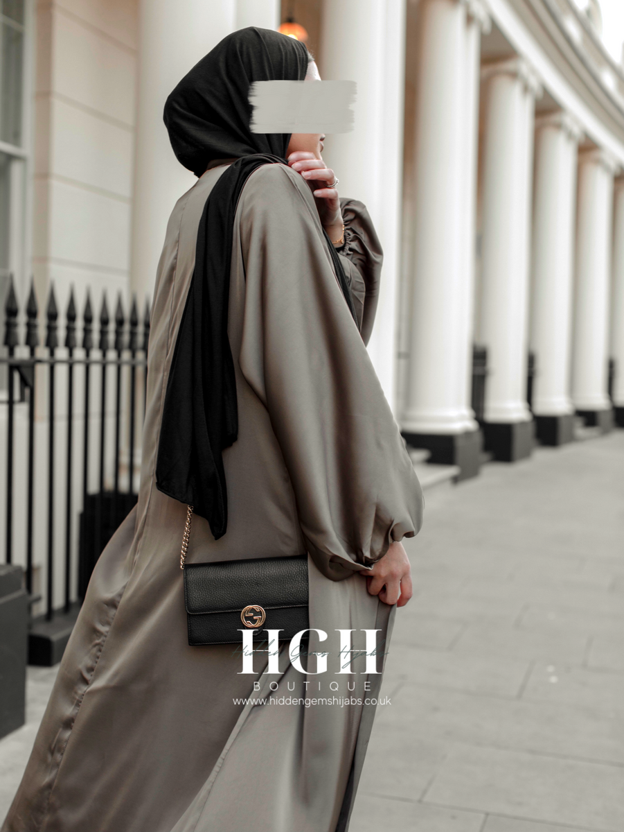 Sale |Taupe Satin Open Abaya – Hidden Gems Hijabs