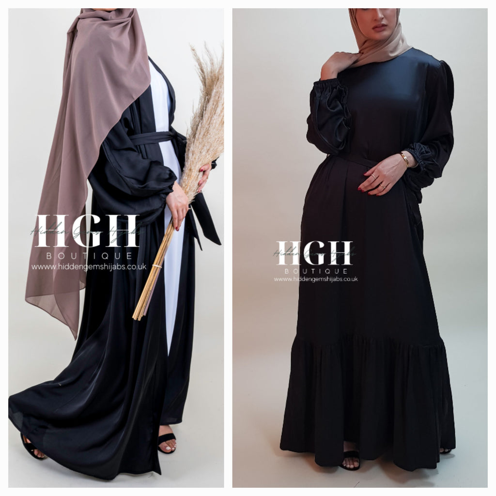Aana Black  Maxi Dress + Satin Abaya Bundle