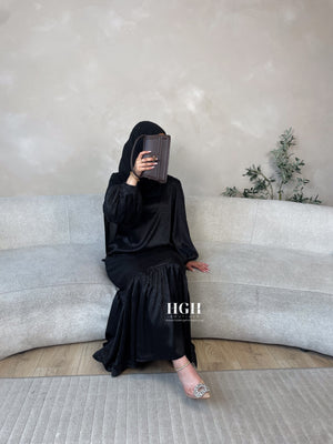 Sale | Zaina Satin Print Dress | Black