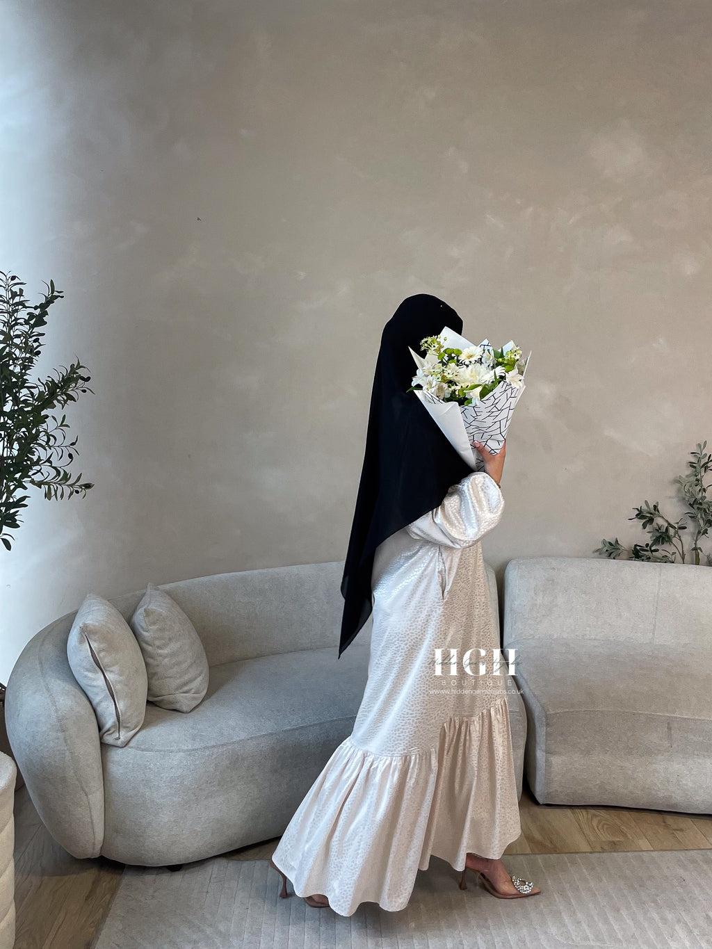Sale | Zaina Satin Print Dress | Ivory