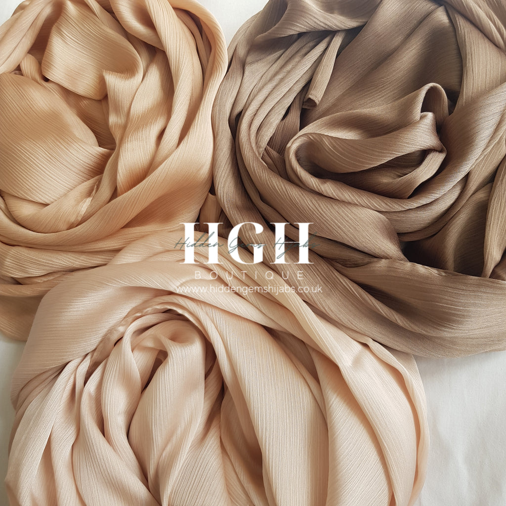 Satin Crinkle Hijab | Champagne, Gold & Taupe