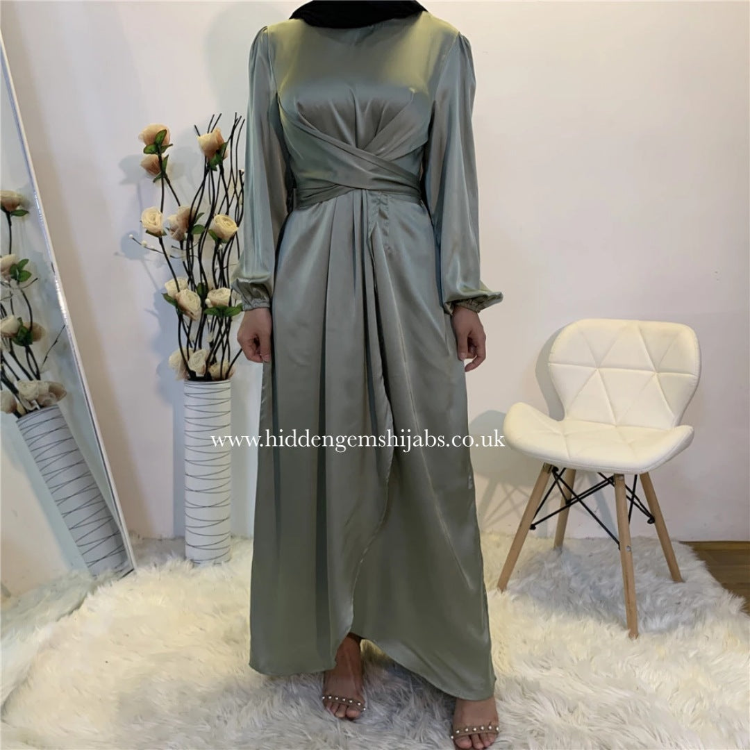 Noura Satin Wrap dress Sage Hidden Gems Hijabs